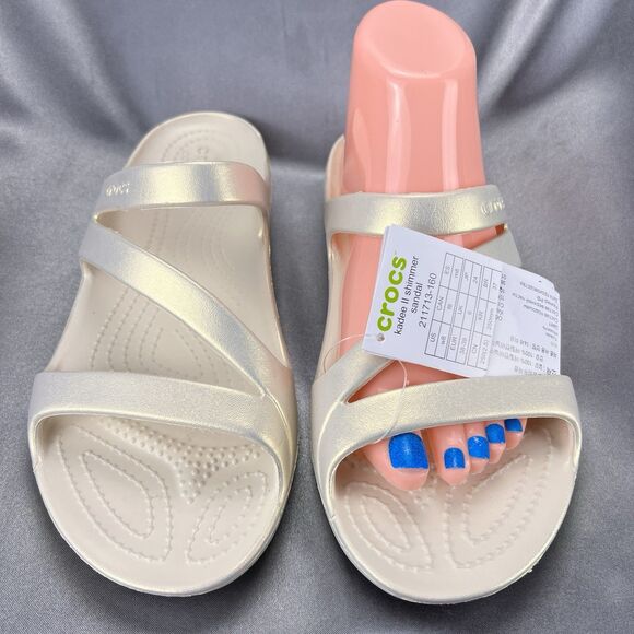 Crocs Kadee II Shimmer Sandals Women's 8 Beige Strappy Slides 211713-160 NEW - Picture 7 of 17